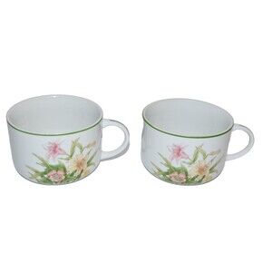 Vtg Soup Cups Jade Lily Porcelain Floral Shafford 1970 Japan  Handle 2 pc set